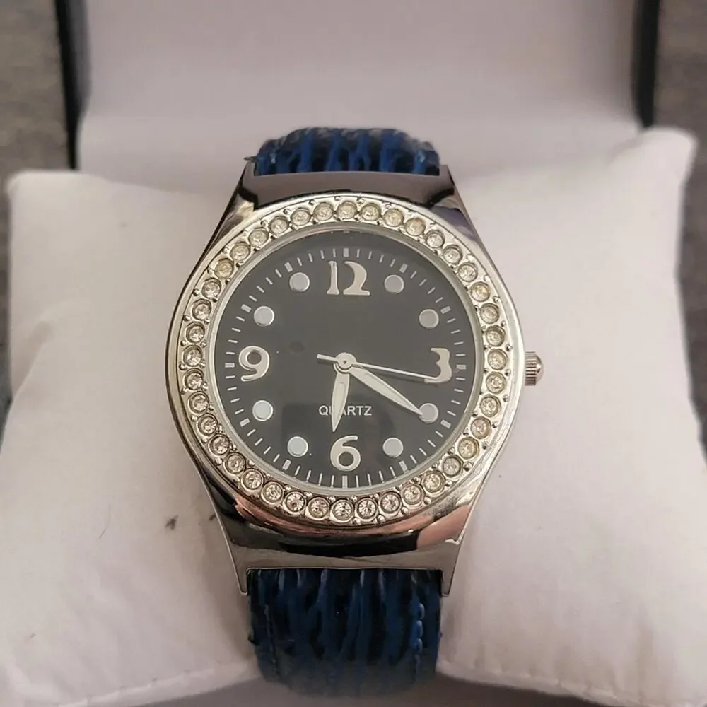 Vintage Womens Quartz Watch Silver Case Black Dial Crystal Bezel Blue Band